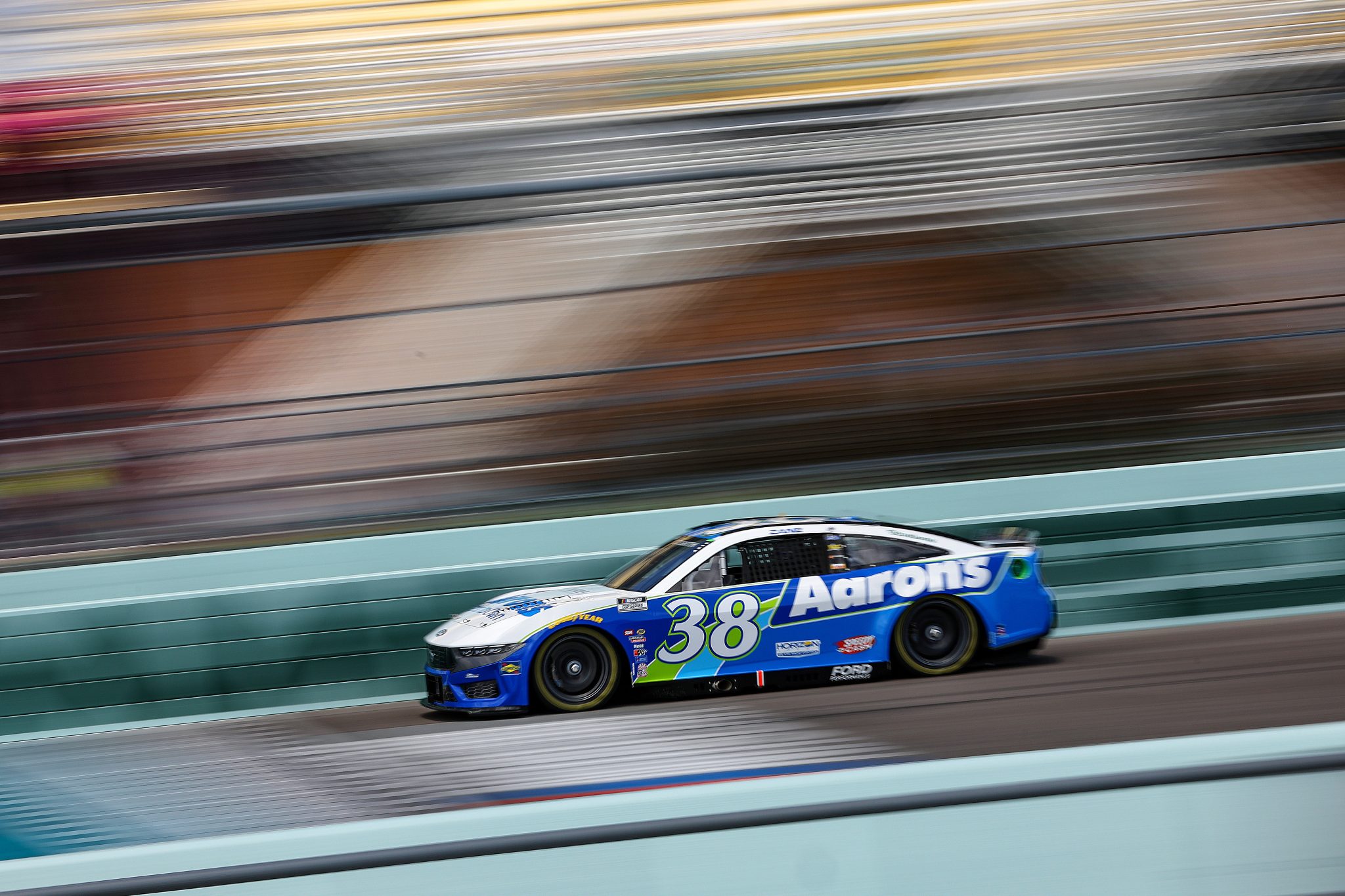 HOMESTEAD, FLORIDA - MARCH 22: Zane Smith, driver of the #38 Aaron's Rent To Own Ford, drives during practice for the NASCAR Cup Series Straight Talk Wireless 400 at Homestead-Miami Speedway on March 22, 2025 in Homestead, Florida. (Photo by James Gilbert/Getty Images)Zane Smith, driver of the #38 Aaron's Rent To Own Ford, drives | Getty Images