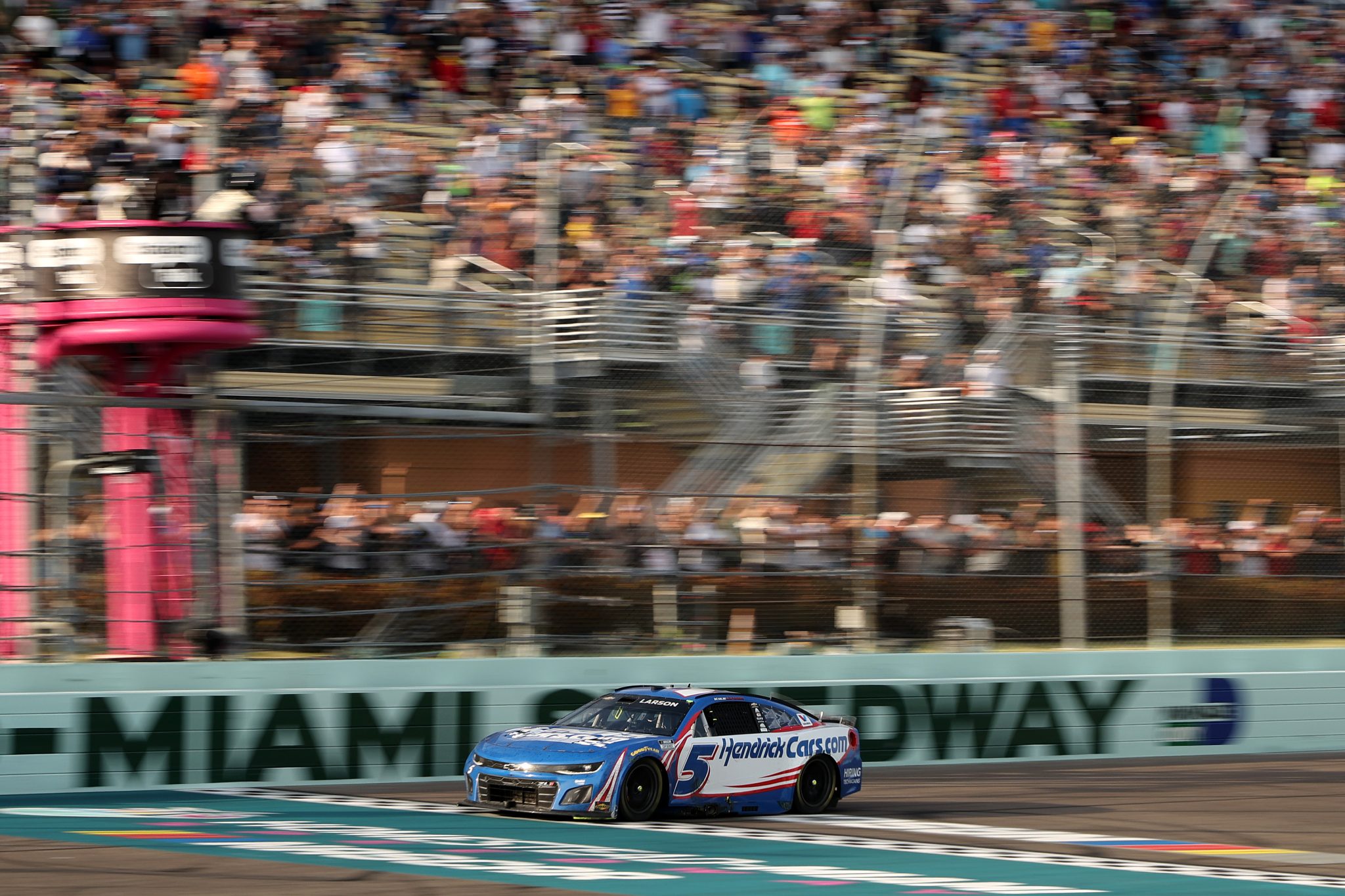 HOMESTEAD, FLORIDA - MARCH 23: Kyle Larson, driver of the #5 HendrickCars.com Chevrolet, crosses the finish line to win the NASCAR Cup Series Straight Talk Wireless 400 at Homestead-Miami Speedway on March 23, 2025 in Homestead, Florida. (Photo by James Gilbert/Getty Images) | Getty Images