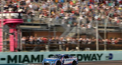 HOMESTEAD, FLORIDA - MARCH 23: Kyle Larson, driver of the #5 HendrickCars.com Chevrolet, crosses the finish line to win the NASCAR Cup Series Straight Talk Wireless 400 at Homestead-Miami Speedway on March 23, 2025 in Homestead, Florida. (Photo by James Gilbert/Getty Images) | Getty Images
