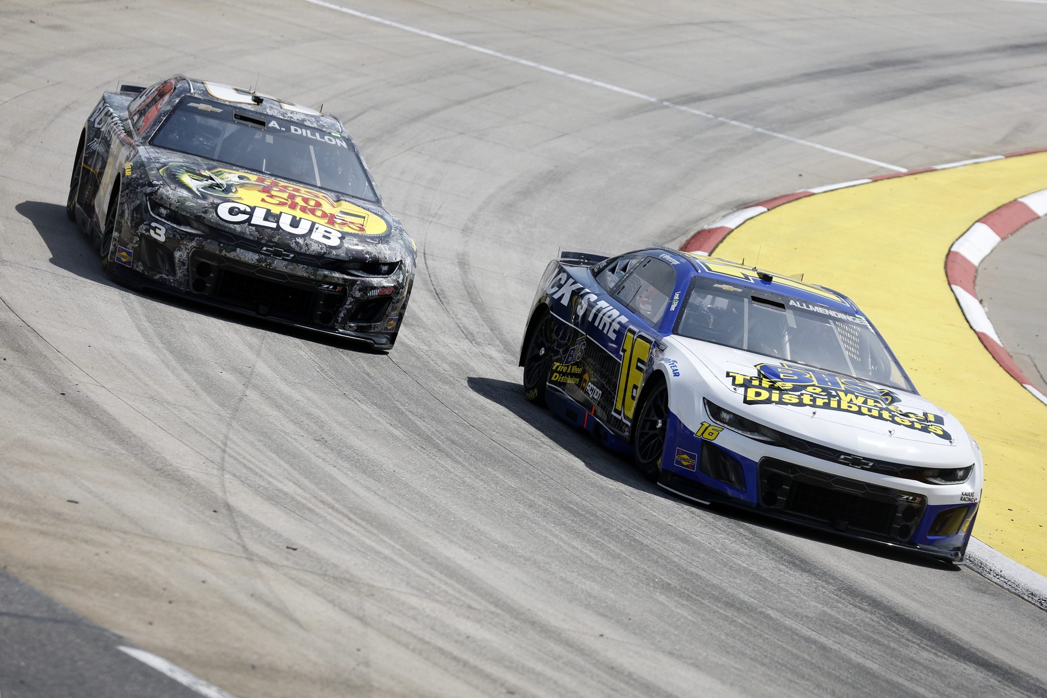 MARTINSVILLE, VIRGINIA - MARCH 29: AJ Allmendinger, driver of the #16 Black's Tire Chevrolet, and Austin Dillon, driver of the #3 Bass Pro Shops/Winchester Chevrolet, drive during practice for the NASCAR Cup Series Cook Out 400 at Martinsville Speedway on March 29, 2025 in Martinsville, Virginia. (Photo by Logan Riely/Getty Images) | Getty Images