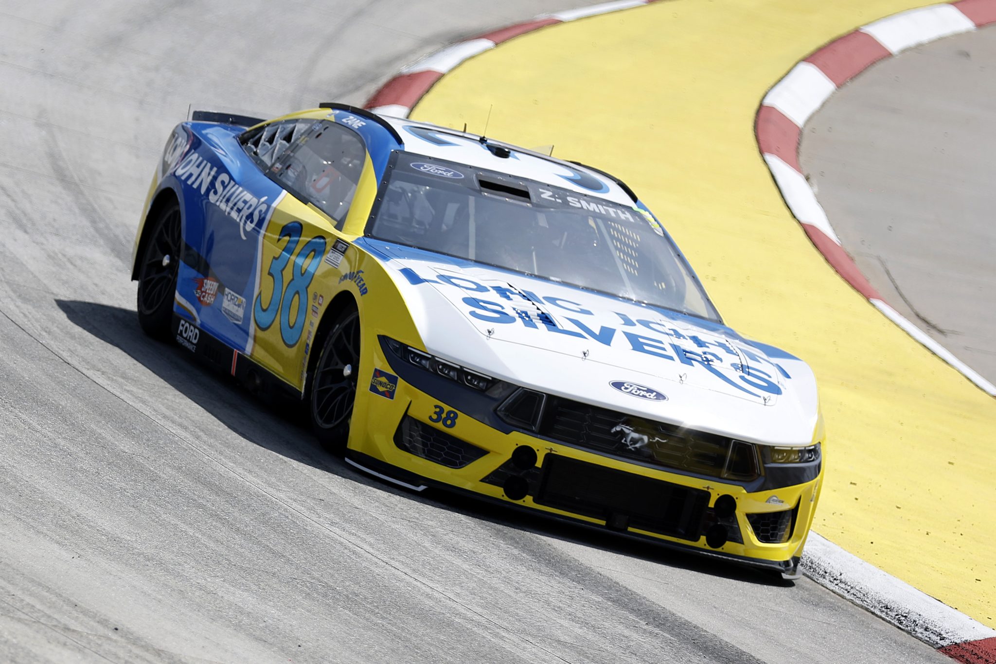 MARTINSVILLE, VIRGINIA - MARCH 29: Zane Smith, driver of the #38 Long John Silver's Ford, drives during practice for the NASCAR Cup Series Cook Out 400 at Martinsville Speedway on March 29, 2025 in Martinsville, Virginia. (Photo by Logan Riely/Getty Images) | Getty Images