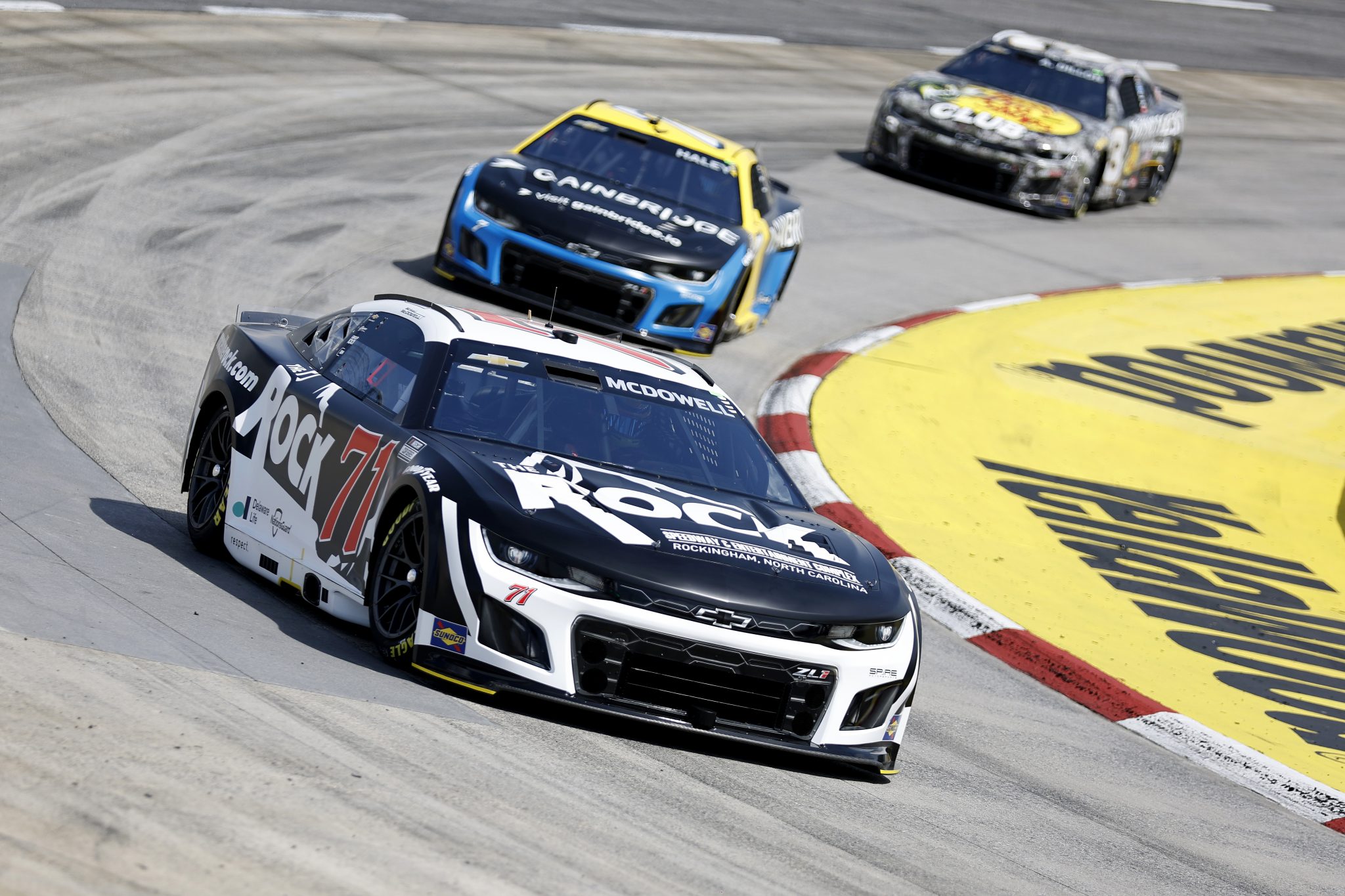 MARTINSVILLE, VIRGINIA - MARCH 29: Michael McDowell, driver of the #71 Rockingham Speedway Chevrolet, Justin Haley, driver of the #7 Gainbridge Chevrolet, and Austin Dillon, driver of the #3 Bass Pro Shops/Winchester Chevrolet, drive during practice for the NASCAR Cup Series Cook Out 400 at Martinsville Speedway on March 29, 2025 in Martinsville, Virginia. (Photo by Logan Riely/Getty Images) | Getty Images