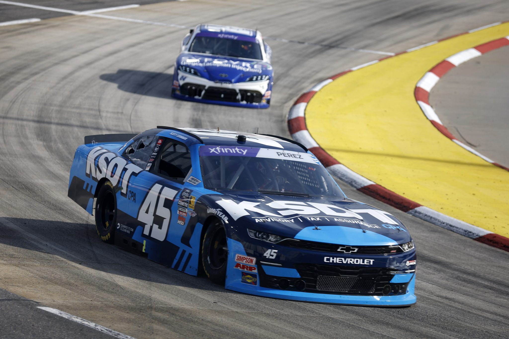 MARTINSVILLE, VIRGINIA - MARCH 29: Brad Perez, driver of the #45 KSDT CPA Chevrolet, drives during the NASCAR Xfinity Series US Marine Corps 250 at Martinsville Speedway on March 29, 2025 in Martinsville, Virginia. (Photo by Logan Riely/Getty Images) | Getty Images
