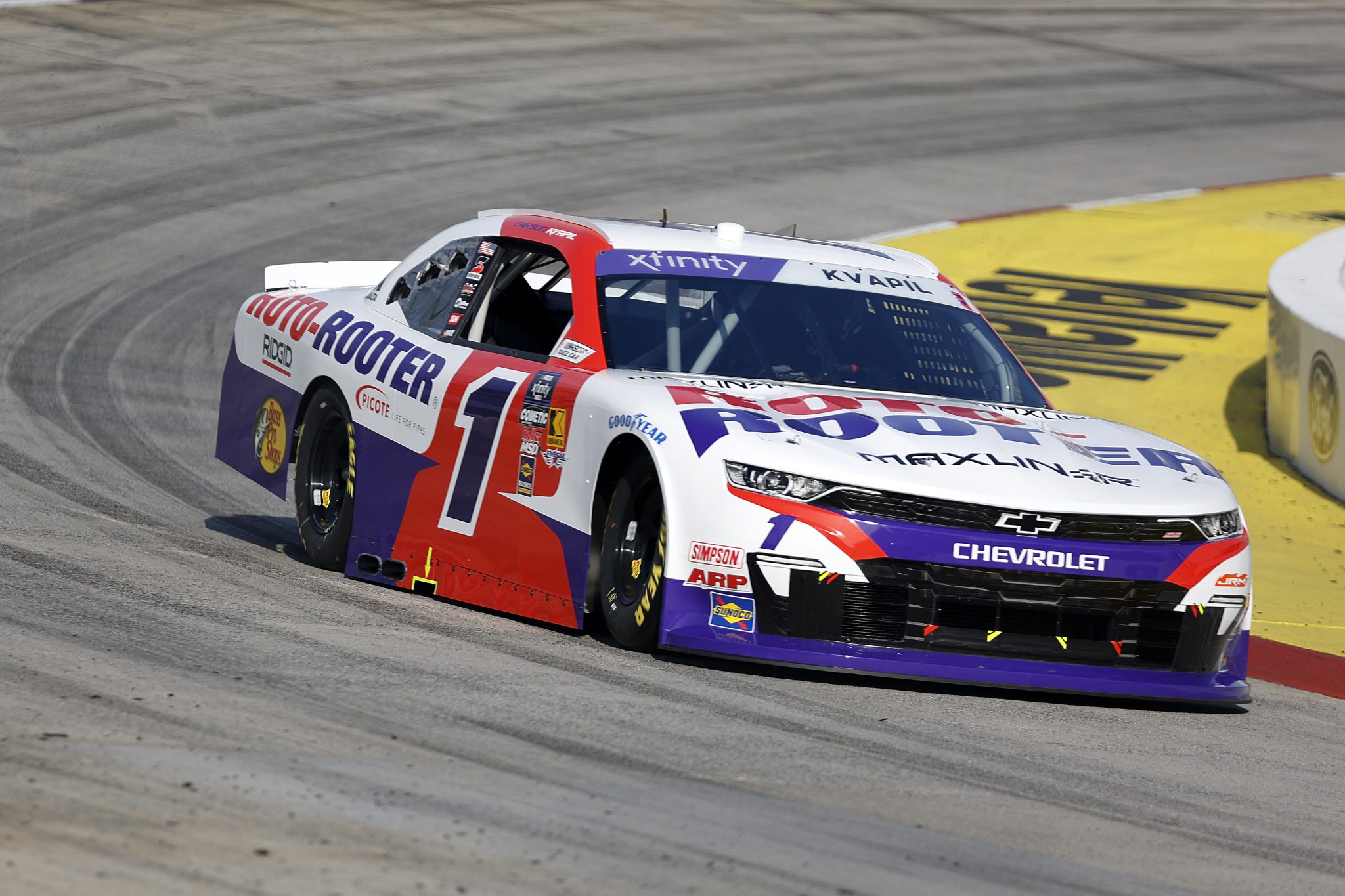 MARTINSVILLE, VIRGINIA - MARCH 28: Carson Kvapil, driver of the #1 Roto-Rooter Chevrolet, drives during practice for the NASCAR Xfinity Series US Marine Corps 250 at Martinsville Speedway on March 28, 2025 in Martinsville, Virginia. (Photo by Logan Riely/Getty Images) | Getty Images