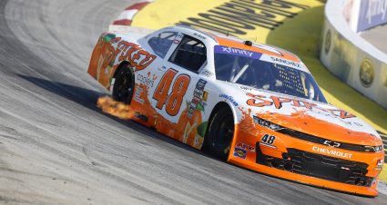 MARTINSVILLE, VIRGINIA - MARCH 28: Nick Sanchez, driver of the #48 Big Machine Vodka Spiked Coolers Chevrolet, drives with flames during practice for the NASCAR Xfinity Series US Marine Corps 250 at Martinsville Speedway on March 28, 2025 in Martinsville, Virginia. (Photo by Logan Riely/Getty Images) | Getty Images