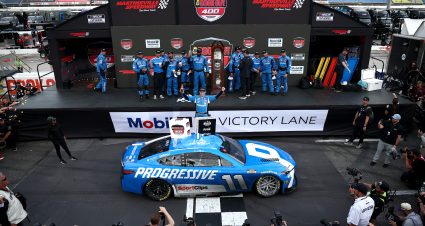 MARTINSVILLE, VIRGINIA - MARCH 30: Denny Hamlin, driver of the #11 Progressive Toyota, celebrates in victory lane after winning the NASCAR Cup Series Cook Out 400 at Martinsville Speedway on March 30, 2025 in Martinsville, Virginia. (Photo by Jared C. Tilton/Getty Images) | Getty Images