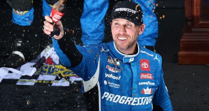 MARTINSVILLE, VIRGINIA - MARCH 30: Denny Hamlin, driver of the #11 Progressive Toyota, celebrates in victory lane after winning the NASCAR Cup Series Cook Out 400 at Martinsville Speedway on March 30, 2025 in Martinsville, Virginia. (Photo by Jared C. Tilton/Getty Images) | Getty Images
