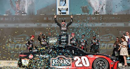 AVONDALE, ARIZONA - MARCH 09: Christopher Bell, driver of the #20 Reser's Fine Foods Toyota, celebrates in victory lane after winning the NASCAR Cup Series Shriners Children's 500 at Phoenix Raceway on March 09, 2025 in Avondale, Arizona. (Photo by Chris Graythen/Getty Images) | Getty Images