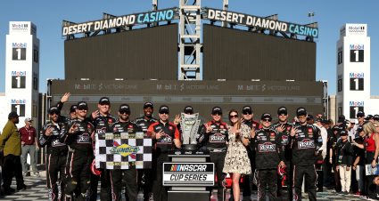 AVONDALE, ARIZONA - MARCH 09: Christopher Bell, driver of the #20 Reser's Fine Foods Toyota, and crew celebrate in victory lane after winning the NASCAR Cup Series Shriners Children's 500 at Phoenix Raceway on March 09, 2025 in Avondale, Arizona. (Photo by Chris Graythen/Getty Images) | Getty Images