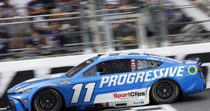 MARTINSVILLE, VIRGINIA - MARCH 30: Denny Hamlin, driver of the #11 Progressive Toyota, crosses the finish line to win the NASCAR Cup Series Cook Out 400 at Martinsville Speedway on March 30, 2025 in Martinsville, Virginia. (Photo by Logan Riely/Getty Images) | Getty Images