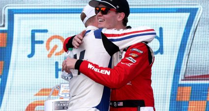 AUSTIN, TEXAS - MARCH 01: Connor Zilisch, driver of the #88 WeatherTech Chevrolet, (L) celebrates with Jesse Love, driver of the #2 Whelen Chevrolet, in victory lane after winning the NASCAR Xfinity Series Focused Health 250 at Circuit of The Americas on March 01, 2025 in Austin, Texas. (Photo by Meg Oliphant/Getty Images) | Getty Images