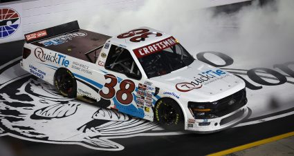 BRISTOL, TENNESSEE - APRIL 11: Chandler Smith, driver of the #38 QuickTie Ford, celebrates after winning the NASCAR Craftsman Truck Series Weather Guard Truck Race at Bristol Motor Speedway on April 11, 2025 in Bristol, Tennessee. (Photo by Sean Gardner/Getty Images) | Getty Images