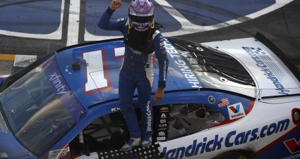 BRISTOL, TENNESSEE - APRIL 12: Kyle Larson, driver of the #17 HendrickCars.com Chevrolet, celebrates after winning the NASCAR Xfinity Series SciAps 300 at Bristol Motor Speedway on April 12, 2025 in Bristol, Tennessee. (Photo by Sean Gardner/Getty Images) | Getty Images