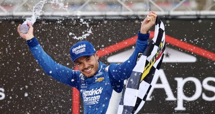 BRISTOL, TENNESSEE - APRIL 12: Kyle Larson, driver of the #17 HendrickCars.com Chevrolet, celebrates in victory lane after winning the NASCAR Xfinity Series SciAps 300 at Bristol Motor Speedway on April 12, 2025 in Bristol, Tennessee. (Photo by Jared C. Tilton/Getty Images) | Getty Images