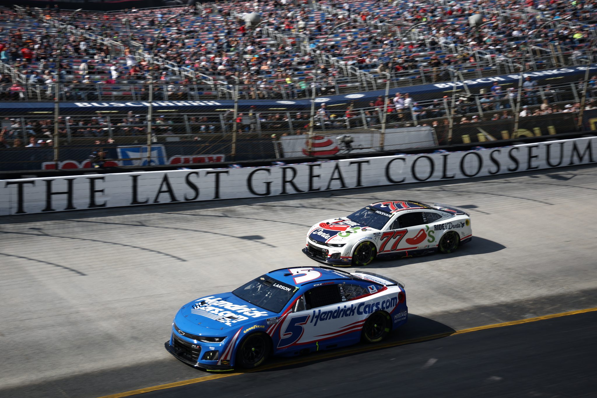 BRISTOL, TENNESSEE - APRIL 13: Kyle Larson, driver of the #5 HendrickCars.com Chevrolet, leads during the NASCAR Cup Series Food City 500 at Bristol Motor Speedway on April 13, 2025 in Bristol, Tennessee. (Photo by Jared C. Tilton/Getty Images) | Getty Images