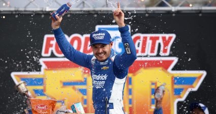 BRISTOL, TENNESSEE - APRIL 13: Kyle Larson, driver of the #5 HendrickCars.com Chevrolet, celebrates in victory lane after winning the NASCAR Cup Series Food City 500 at Bristol Motor Speedway on April 13, 2025 in Bristol, Tennessee. (Photo by Jared C. Tilton/Getty Images) | Getty Images