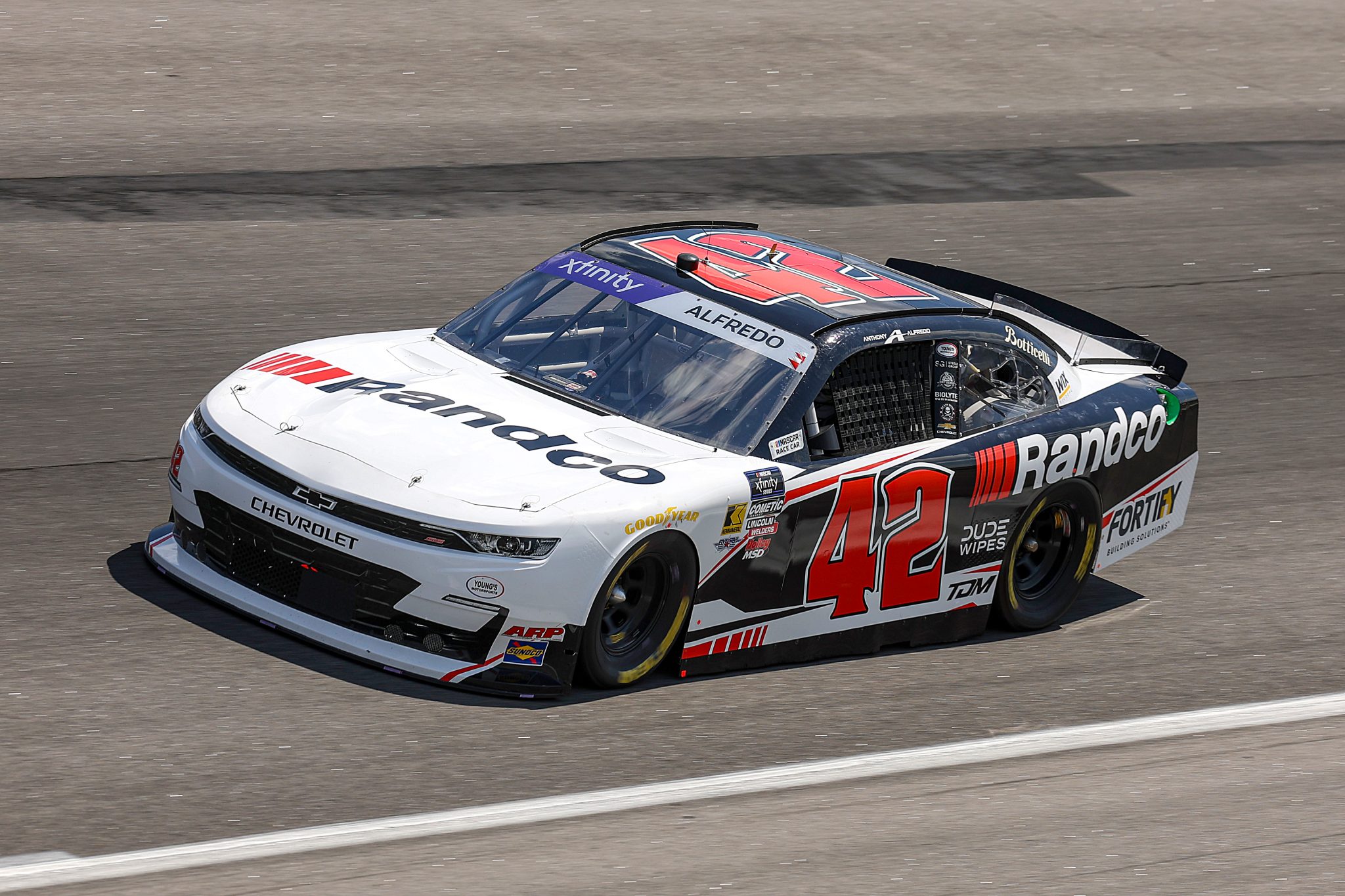 ROCKINGHAM, NORTH CAROLINA - APRIL 18: Anthony Alfredo, driver of the #42 Randco Chevrolet, drives during practice for the NASCAR Xfinity Series North Carolina Education Lottery 250 presented by Black’s Tire at Rockingham Speedway on April 18, 2025 in Rockingham, North Carolina. (Photo by James Gilbert/Getty Images) | Getty Images