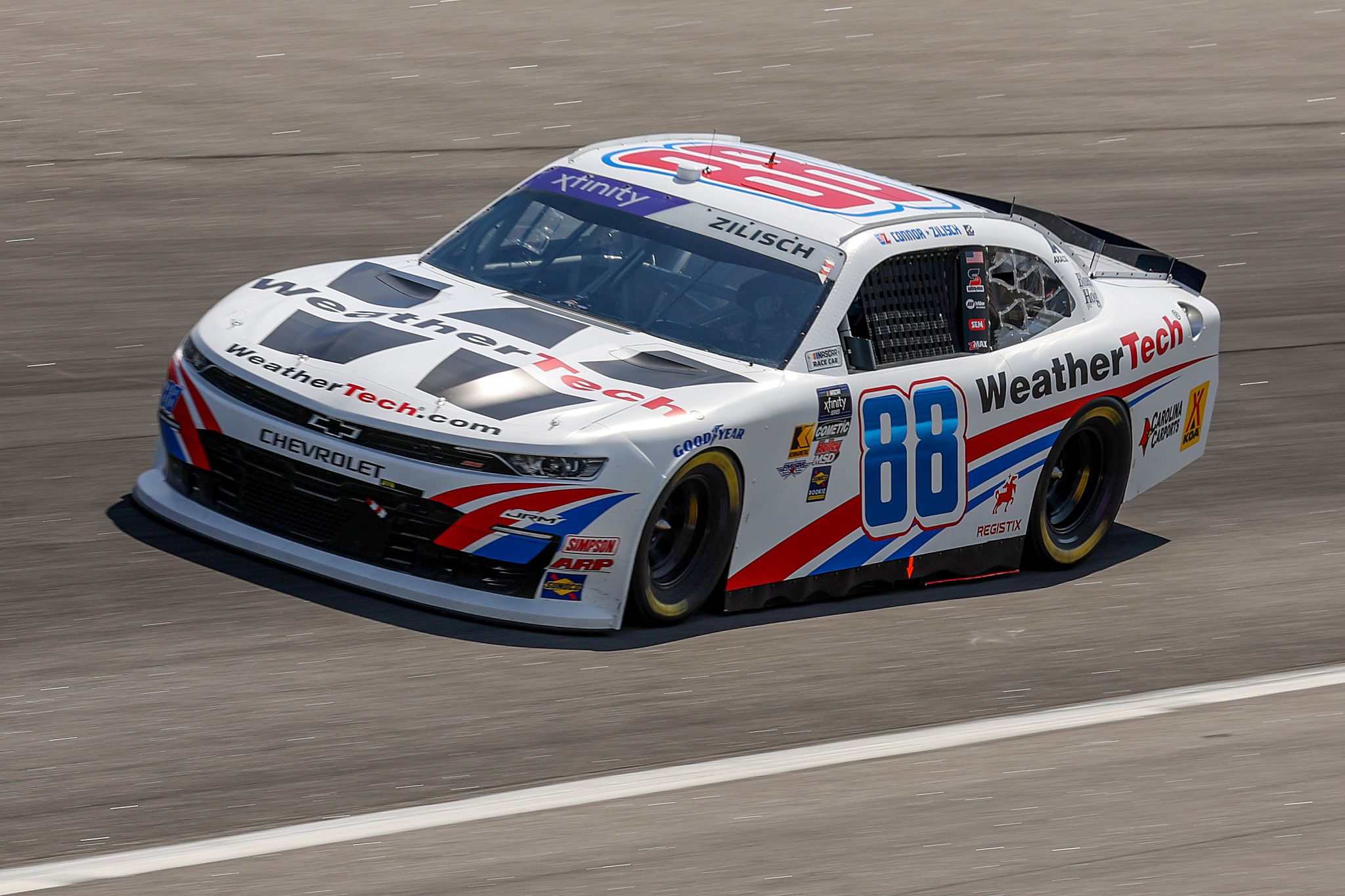 ROCKINGHAM, NORTH CAROLINA - APRIL 18: Connor Zilisch, driver of the #88 WeatherTech Chevrolet, drives during practice for the NASCAR Xfinity Series North Carolina Education Lottery 250 presented by Black’s Tire at Rockingham Speedway on April 18, 2025 in Rockingham, North Carolina. (Photo by James Gilbert/Getty Images) | Getty Images