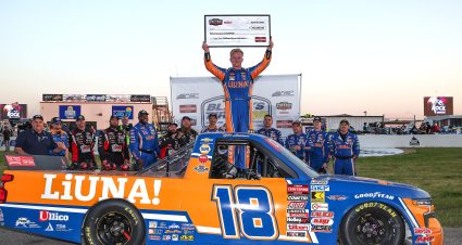 ROCKINGHAM, NORTH CAROLINA - APRIL 18: Tyler Ankrum, driver of the #18 LiUNA! Chevrolet, celebrates with the Triple Truck Challenge $50,000.00 check in victory lane after winning the NASCAR Craftsman Truck Series Weather Guard Truck Race at Rockingham Speedway on April 18, 2025 in Rockingham, North Carolina. (Photo by James Gilbert/Getty Images) | Getty Images