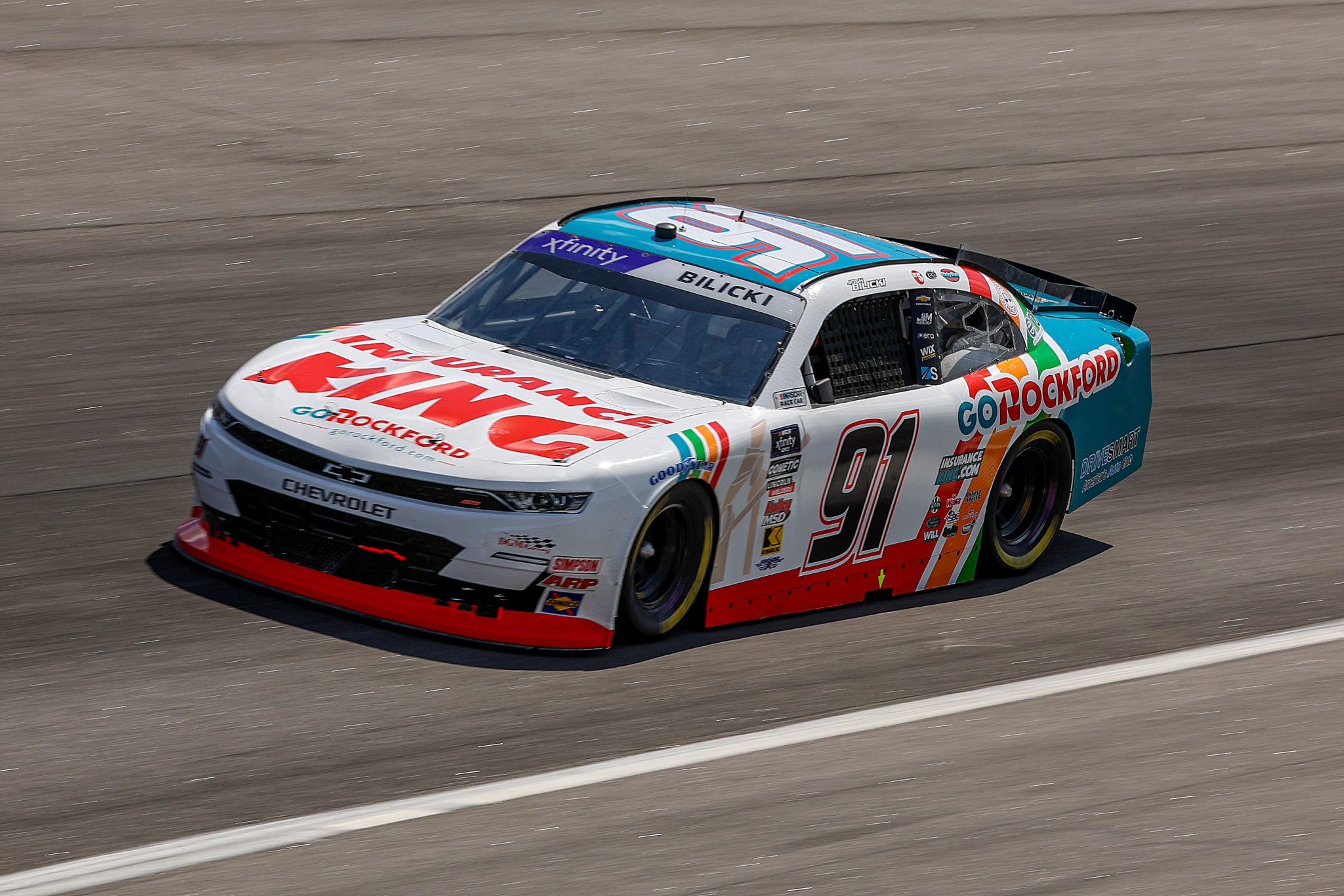 ROCKINGHAM, NORTH CAROLINA - APRIL 18: Josh Bilicki, driver of the #91 Insurance King Chevrolet, drives during practice for the NASCAR Xfinity Series North Carolina Education Lottery 250 presented by Black’s Tire at Rockingham Speedway on April 18, 2025 in Rockingham, North Carolina. (Photo by James Gilbert/Getty Images) | Getty Images
