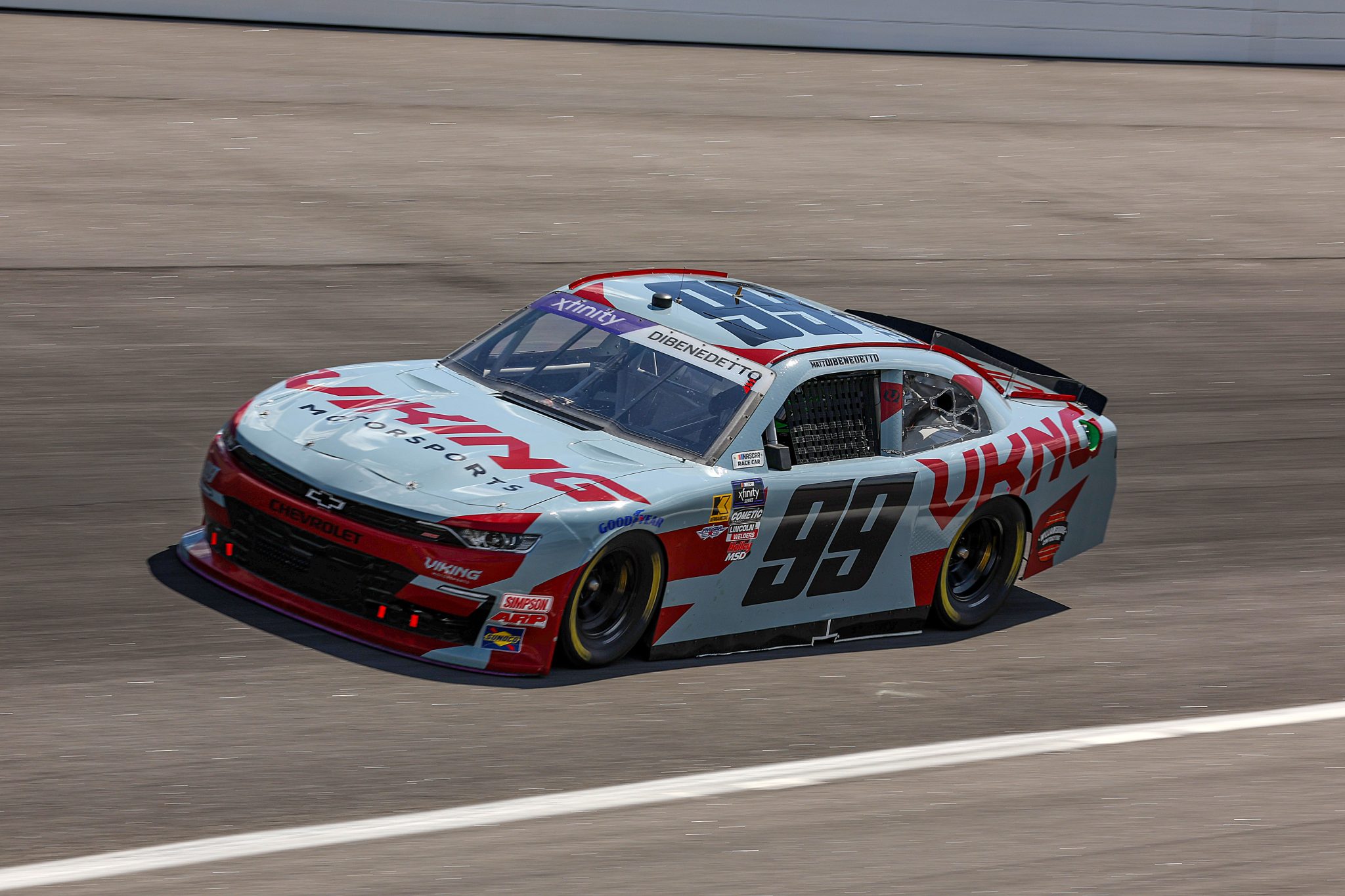 ROCKINGHAM, NORTH CAROLINA - APRIL 18: Matt DiBenedetto, driver of the #99 Viking Motorsports Chevrolet, drives during practice for the NASCAR Xfinity Series North Carolina Education Lottery 250 presented by Black’s Tire at Rockingham Speedway on April 18, 2025 in Rockingham, North Carolina. (Photo by James Gilbert/Getty Images) | Getty Images