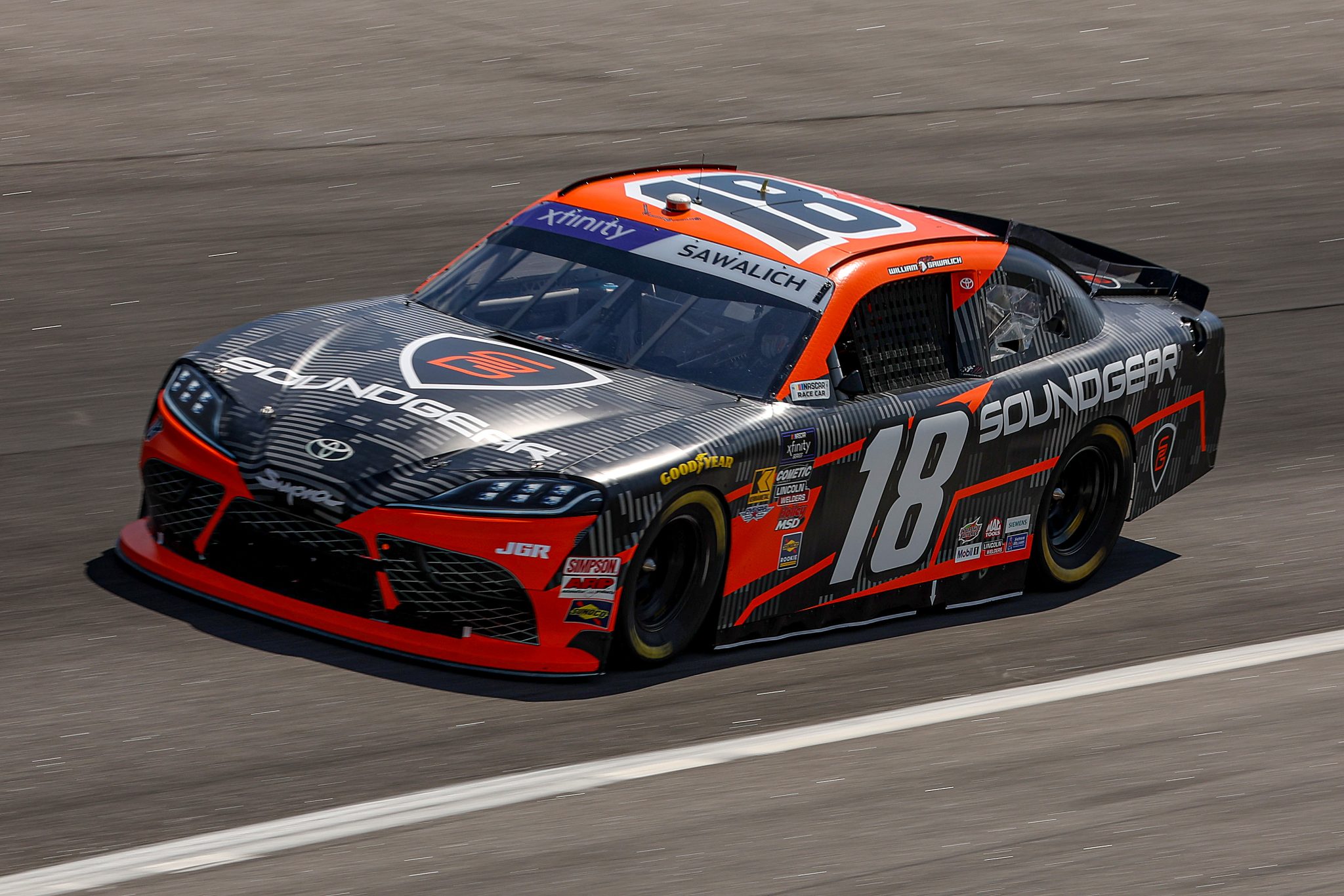 ROCKINGHAM, NORTH CAROLINA - APRIL 18: William Sawalich, driver of the #18 Soundgear Toyota, drives during practice for the NASCAR Xfinity Series North Carolina Education Lottery 250 presented by Black’s Tire at Rockingham Speedway on April 18, 2025 in Rockingham, North Carolina. (Photo by James Gilbert/Getty Images) | Getty Images