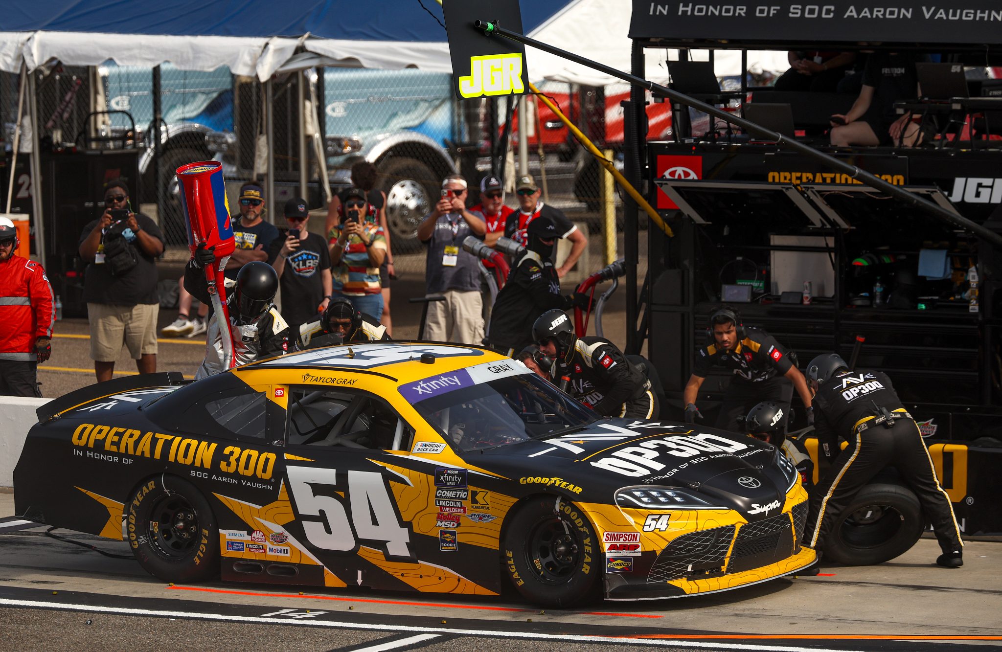 ROCKINGHAM, NORTH CAROLINA - APRIL 19: Taylor Gray, driver of the #54 Operation 300 Toyota, pits during the NASCAR Xfinity Series North Carolina Education Lottery 250 presented by Black's Tire at Rockingham Speedway on April 19, 2025 in Rockingham, North Carolina. (Photo by James Gilbert/Getty Images) | Getty Images