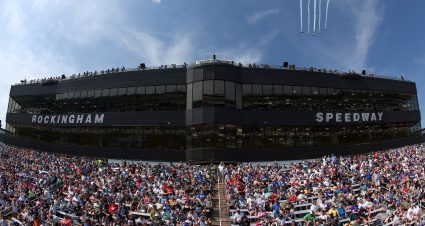 ROCKINGHAM, NORTH CAROLINA - APRIL 19: A general view of of the grandstands during the flyover prior to the NASCAR Xfinity Series North Carolina Education Lottery 250 presented by Black's Tire at Rockingham Speedway on April 19, 2025 in Rockingham, North Carolina. (Photo by James Gilbert/Getty Images) | Getty Images