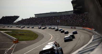 ROCKINGHAM, NORTH CAROLINA - APRIL 19: A general view of racing during the NASCAR Xfinity Series North Carolina Education Lottery 250 presented by Black's Tire at Rockingham Speedway on April 19, 2025 in Rockingham, North Carolina. (Photo by James Gilbert/Getty Images) | Getty Images