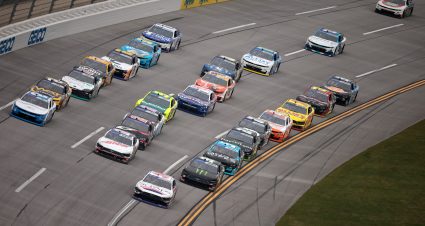 TALLADEGA, ALABAMA - APRIL 20: Austin Hill, driver of the #21 Bennett Transportation Chevrolet, Cole Custer, driver of the #00 Haas Automation Ford, and Ryan Sieg, driver of the #39 Sci Aps Ford, race during the NASCAR Xfinity Series Ag-Pro 300 at Talladega Superspeedway on April 20, 2024 in Talladega, Alabama. (Photo by James Gilbert/Getty Images) | Getty Images