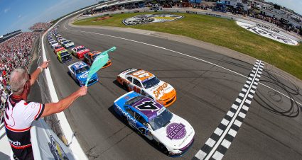 ROCKINGHAM, NORTH CAROLINA - APRIL 19: Parker Retzlaff, driver of the #4 Scentsy Chevrolet,  leads the field to the green flag to start the NASCAR Xfinity Series North Carolina Education Lottery 250 presented by Black's Tire at Rockingham Speedway on April 19, 2025 in Rockingham, North Carolina. (Photo by James Gilbert/Getty Images) | Getty Images
