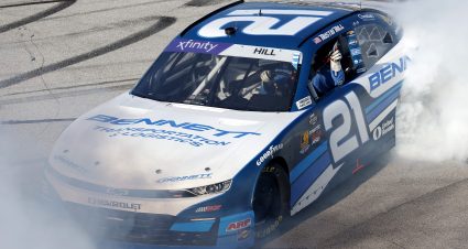 TALLADEGA, ALABAMA - APRIL 26: Austin Hill, driver of the #21 Bennett Transportation Chevrolet, celebrates with a burnout after winning the NASCAR Xfinity Series Ag-Pro 300 at Talladega Superspeedway on April 26, 2025 in Talladega, Alabama. (Photo by Logan Riely/Getty Images) | Getty Images