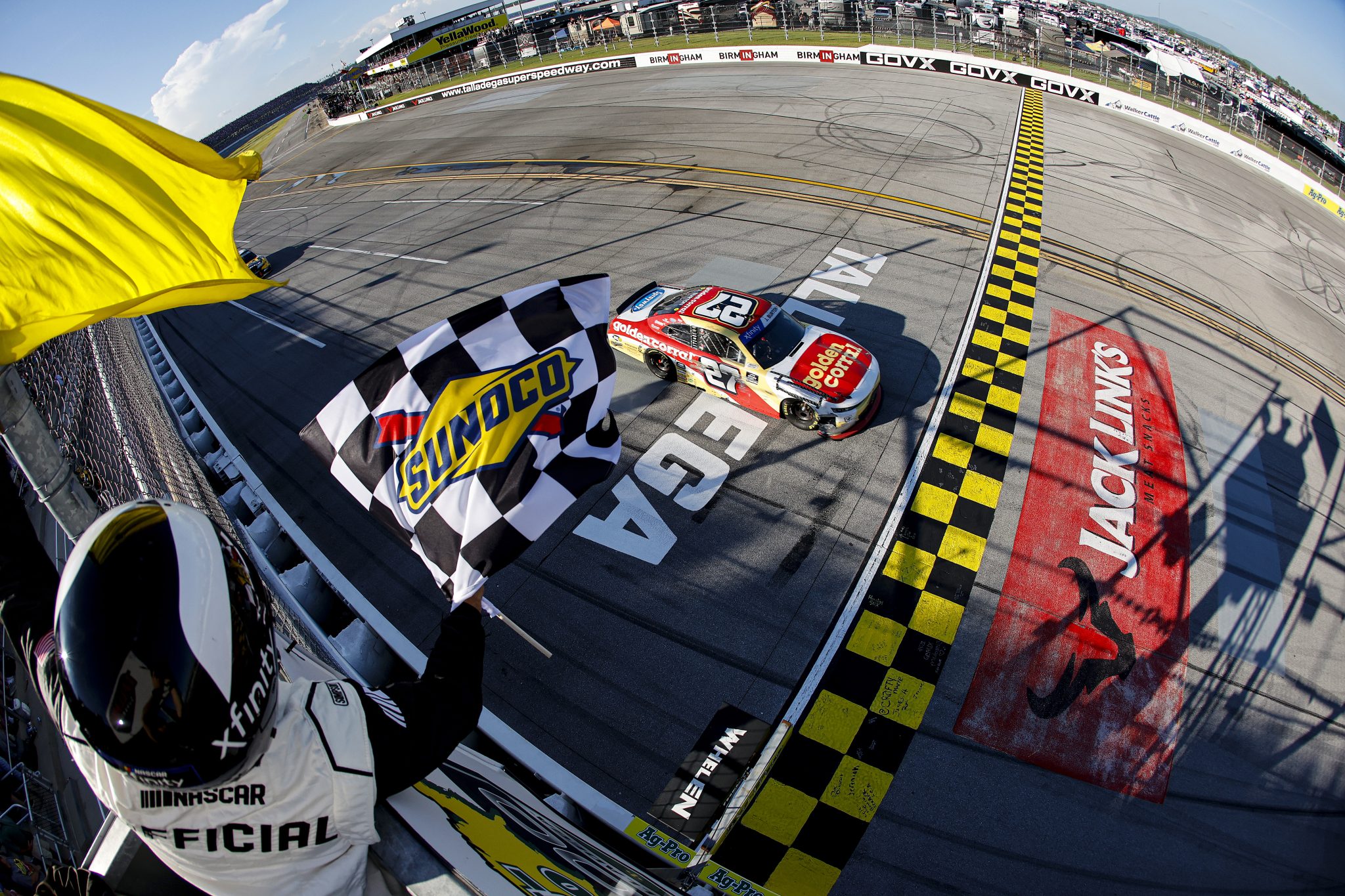 TALLADEGA, ALABAMA - APRIL 26: Jeb Burton, driver of the #27 Golden Corral Chevrolet, crosses the finish line under caution to finish 2nd in the NASCAR Xfinity Series Ag-Pro 300 at Talladega Superspeedway on April 26, 2025 in Talladega, Alabama. (Photo by Logan Riely/Getty Images) | Getty Images