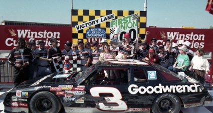 NORTH WILKESBORO, NC - APRIL 16, 1989:  Dale Earnhardt won the First Union 400 at North Wilkesboro on the re-introduced Goodyear radial tires, which proved to be more consistent than bias-ply tires.  (Photo by ISC Archives/CQ-Roll Call Group via Getty Images)