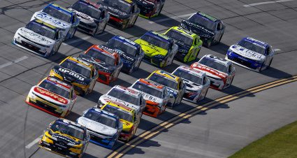TALLADEGA, ALABAMA - APRIL 26: Jesse Love, driver of the #2 WAT Chevrolet, leads the field during the NASCAR Xfinity Series Ag-Pro 300 at Talladega Superspeedway on April 26, 2025 in Talladega, Alabama. (Photo by Logan Riely/Getty Images) | Getty Images