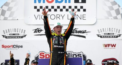 DARLINGTON, SOUTH CAROLINA - APRIL 05: Brandon Jones, driver of the #20 Menards/Turtle Wax Toyota, celebrates in victory lane after winning the NASCAR Xfinity Series port Clips Haircuts VFW Help A Hero 200 at Darlington Raceway on April 05, 2025 in Darlington, South Carolina. (Photo by James Gilbert/Getty Images) | Getty Images