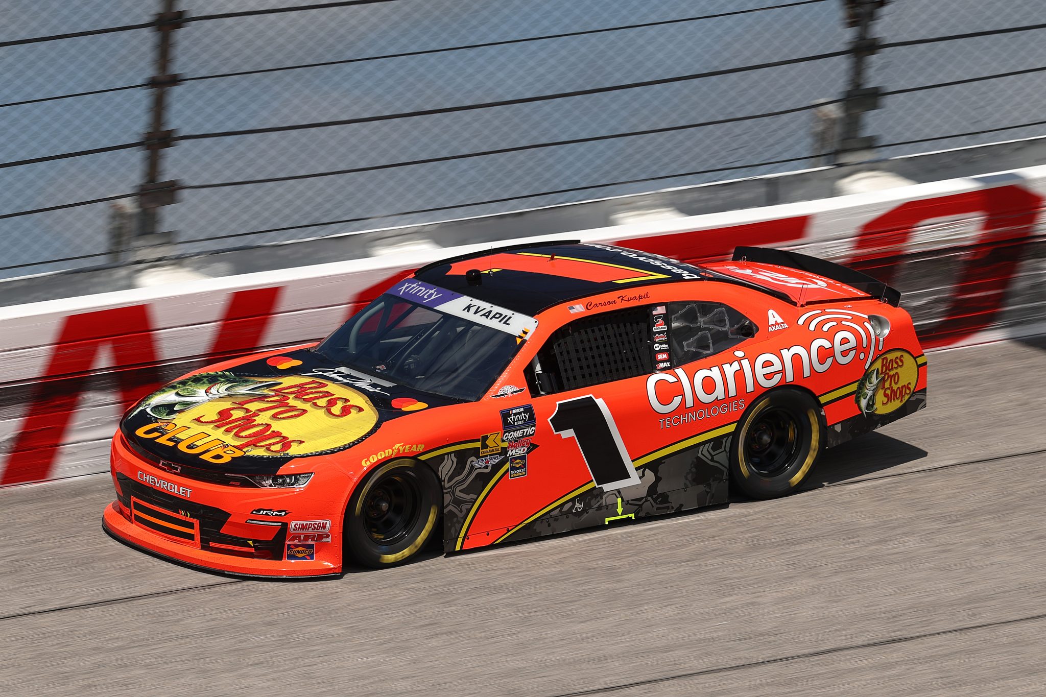 DARLINGTON, SOUTH CAROLINA - APRIL 05: Carson Kvapil, driver of the #1 Bass Pro Shops/Clarience Tech Chevrolet, drives during qualifying for the NASCAR Xfinity Series port Clips Haircuts VFW Help A Hero 200 at Darlington Raceway on April 05, 2025 in Darlington, South Carolina. (Photo by Jared C. Tilton/Getty Images) | Getty Images