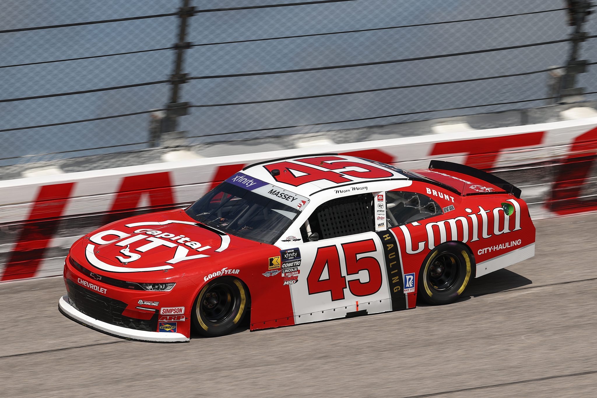 DARLINGTON, SOUTH CAROLINA - APRIL 05: Mason Massey, driver of the #45 Capital City Hauling Chevrolet, drives during qualifying for the NASCAR Xfinity Series port Clips Haircuts VFW Help A Hero 200 at Darlington Raceway on April 05, 2025 in Darlington, South Carolina. (Photo by Jared C. Tilton/Getty Images) | Getty Images