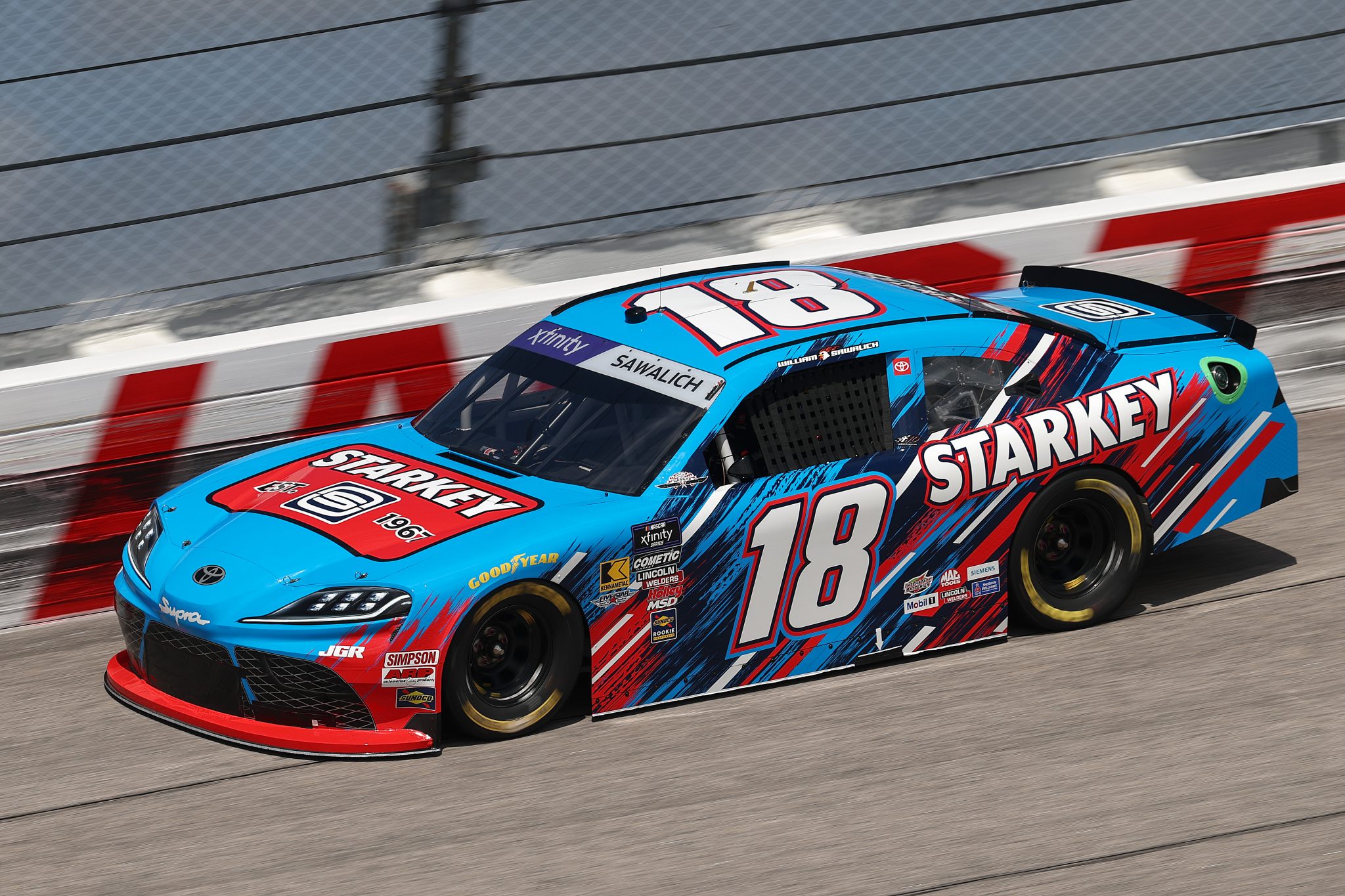 DARLINGTON, SOUTH CAROLINA - APRIL 05: William Sawalich, driver of the #18 Starkey Toyota, drives during qualifying for the NASCAR Xfinity Series port Clips Haircuts VFW Help A Hero 200 at Darlington Raceway on April 05, 2025 in Darlington, South Carolina. (Photo by Jared C. Tilton/Getty Images) | Getty Images