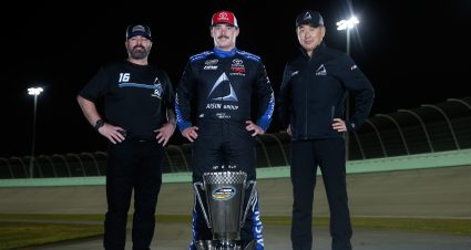 HOMESTEAD, FL - NOVEMBER 16:  Brett Moffitt, driver of the #16 AISIN Group Toyota, crew chief Scott Zipadelli and team owner Shigeaki Hattori pose for a photo after winning the NASCAR Camping World Truck Series Championship at Homestead-Miami Speedway on November 16, 2018 in Homestead, Florida.  (Photo by Brian Lawdermilk/Getty Images) | Getty Images