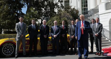 WASHINGTON, DC - APRIL 09: U.S. President Donald Trump speaks to the media during a photo opportunity with (L-R) 2024 NASCAR Champion Joey Logano, 2023 NASCAR Champion Ryan Blaney and Chairman of the Penske Corporation Roger Penske at the South Portico of the White House on April 09, 2025 in Washington, DC. President Trump hosted race car drivers and team owners for a visit to the White House. (Photo by Anna Moneymaker/Getty Images) | Getty Images