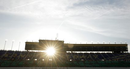 KANSAS CITY, KANSAS - MAY 14: A general view of the grandstands as the sun sets during the NASCAR Camping World Truck Series Heart of America 200 at Kansas Speedway on May 14, 2022 in Kansas City, Kansas. (Photo by Chris Graythen/Getty Images) | Getty Images