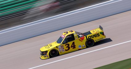 KANSAS CITY, KANSAS - MAY 10: Layne Riggs, driver of the #34 Love's RV STOP Ford, drives during practice for the NASCAR Xfinity Heart of Health Care 200 at Kansas Speedway on May 10, 2025 in Kansas City, Kansas. (Photo by Jamie Squire/Getty Images) | Getty Images