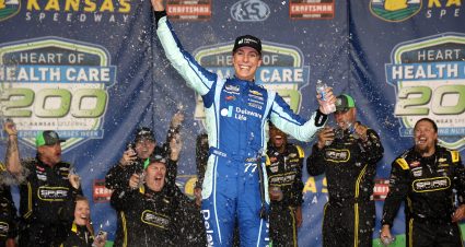 KANSAS CITY, KANSAS - MAY 10: Carson Hocevar, driver of the #7 Delaware Life Chevrolet, celebrates in victory lane after winning the NASCAR Craftsman Truck Series Heart of Health Care 200 at Kansas Speedway on May 10, 2025 in Kansas City, Kansas. (Photo by Chris Graythen/Getty Images) | Getty Images