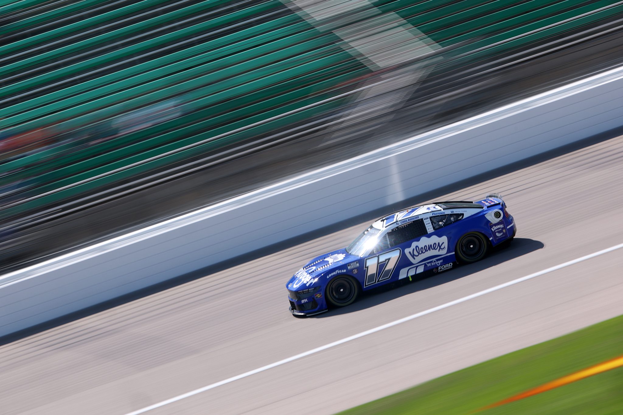 KANSAS CITY, KANSAS - MAY 10: Chris Buescher, driver of the #17 Kroger/Kleenex Ford, drives drives during practice for the NASCAR Cup Series AdventHealth 400 at Kansas Speedway on May 10, 2025 in Kansas City, Kansas. (Photo by Jamie Squire/Getty Images) | Getty Images