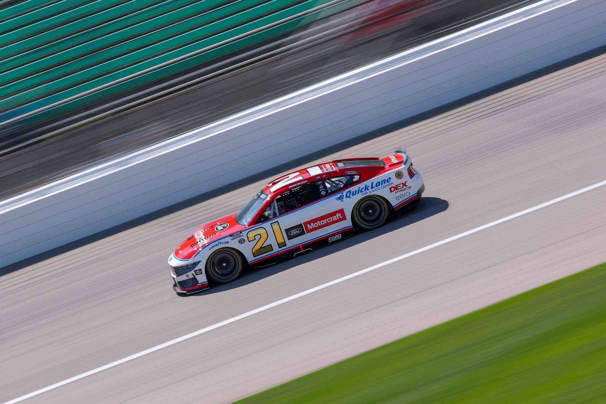 KANSAS CITY, KANSAS - MAY 10: Josh Berry, driver of the #21 Motorcraft/Quick Lane Ford, drives during practice for the NASCAR Cup Series AdventHealth 400 at Kansas Speedway on May 10, 2025 in Kansas City, Kansas. (Photo by Jamie Squire/Getty Images) | Getty Images