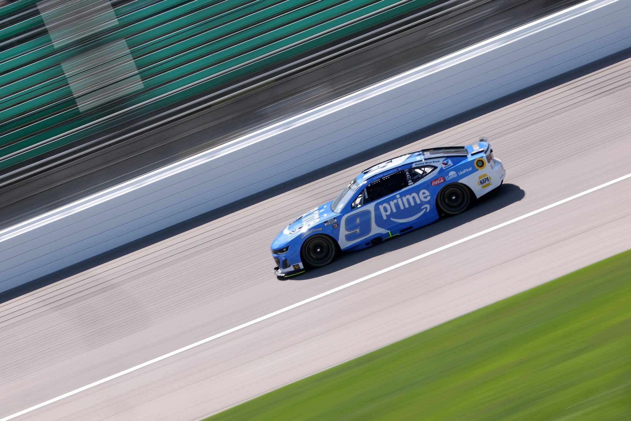 KANSAS CITY, KANSAS - MAY 10: Chase Elliott, driver of the #9 Amazon Prime Video Chevrolet, drives during qualifying for the NASCAR Cup Series AdventHealth 400 at Kansas Speedway on May 10, 2025 in Kansas City, Kansas. (Photo by Jamie Squire/Getty Images) | Getty Images