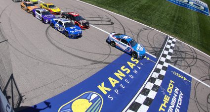 KANSAS CITY, KANSAS - MAY 11: Kyle Larson, driver of the #5 HendrickCars.com Chevrolet, leads the field to start the NASCAR Cup Series AdventHealth 400 at Kansas Speedway on May 11, 2025 in Kansas City, Kansas. (Photo by Jamie Squire/Getty Images) | Getty Images