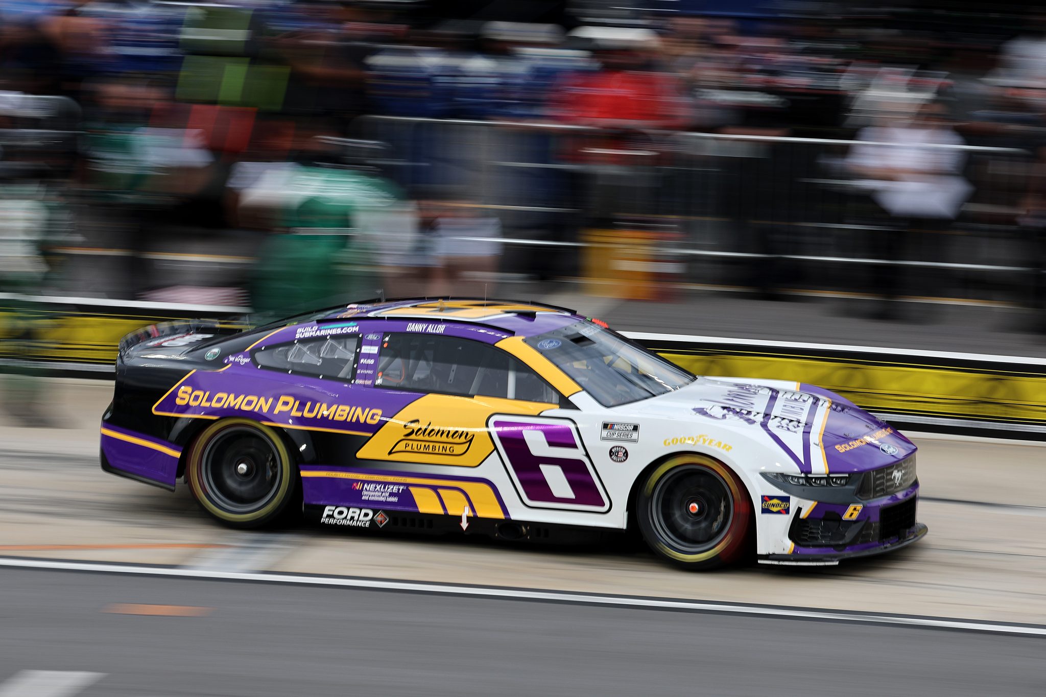 NORTH WILKESBORO, NORTH CAROLINA - MAY 16: Brad Keselowski, driver of the #6 Solomon Plumbing Ford, exits pit road during qualifying for the NASCAR Cup Series All-Star Pit Crew Challenge Entries at North Wilkesboro Speedway on May 16, 2025 in North Wilkesboro, North Carolina. (Photo by David Jensen/Getty Images) | Getty Images