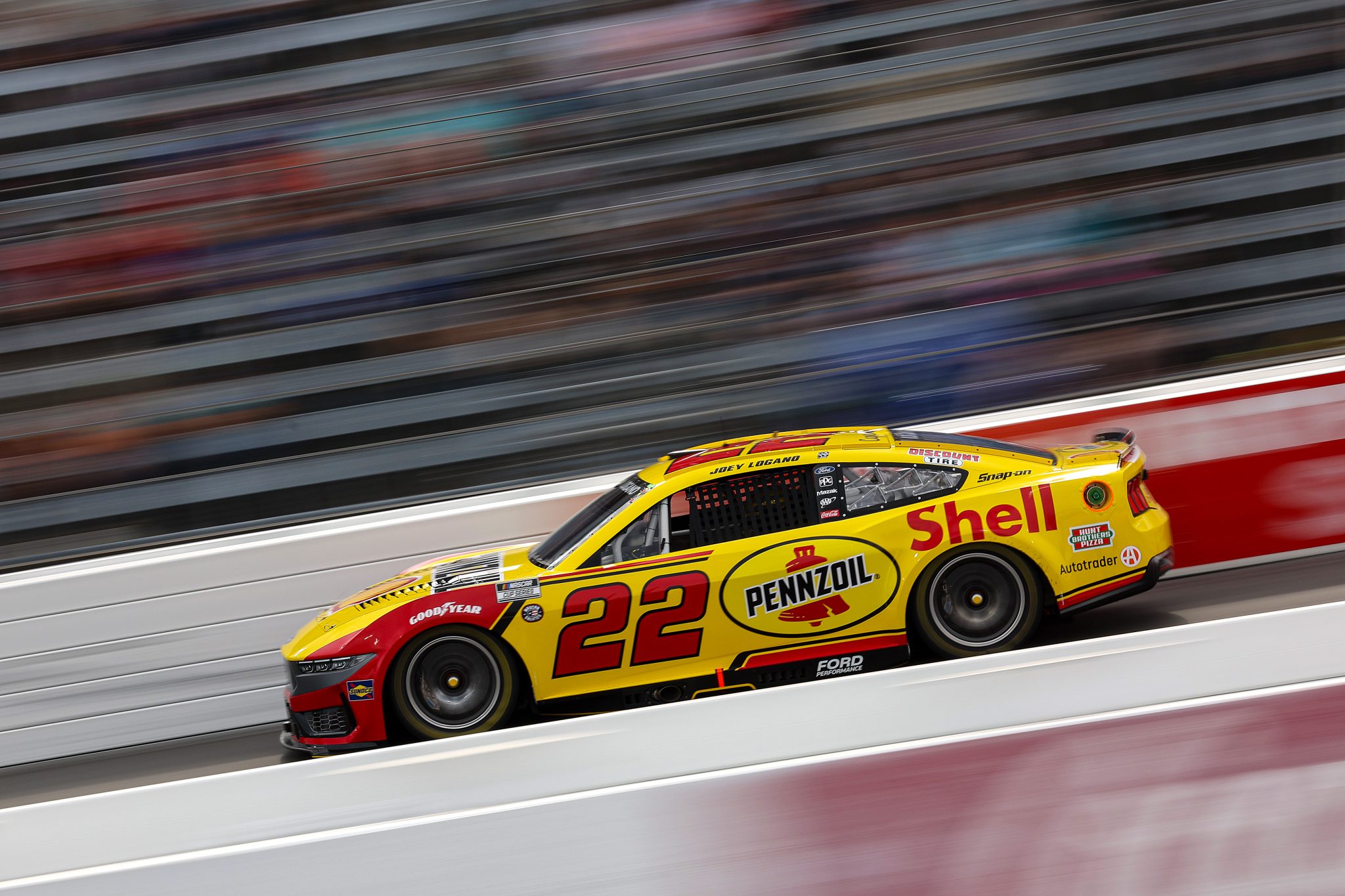 NORTH WILKESBORO, NORTH CAROLINA - MAY 16: Joey Logano, driver of the #22 Shell Pennzoil Ford, drives during practice for the NASCAR Cup Series All-Star Open and All-Star Entries at North Wilkesboro Speedway on May 16, 2025 in North Wilkesboro, North Carolina. (Photo by James Gilbert/Getty Images) | Getty Images